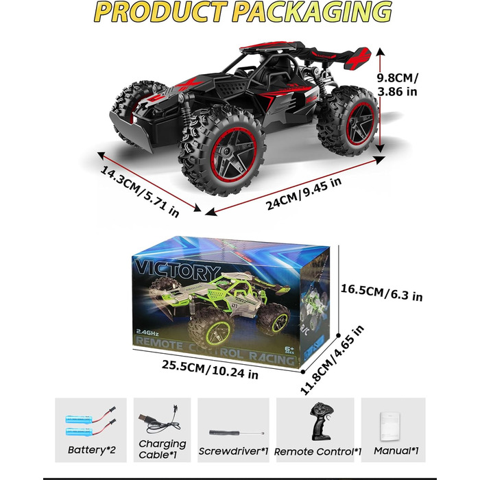 RC Автомобіль на радіокеруванні 2.4GHz, Monstertruck 15+ км/год зі світлодіодами, іграшка для хлопчиків, чорно-червоний (сірий/зелений)