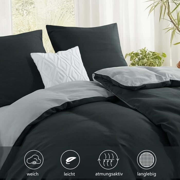 Комплект постільної білизни RUIKASI 135x200 з бавовни (4 частини) - сірий, двоколірний комплект з блискавкою, антрацит та світло-сірий, 135x200 см