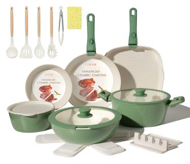 Набір каструль та сковорідок 23 частини з антипригарним покриттям, знімні ручки, для всіх типів плит, сумісний з духовкою, без PFAS, PTFE, PFOA, кремово-білий