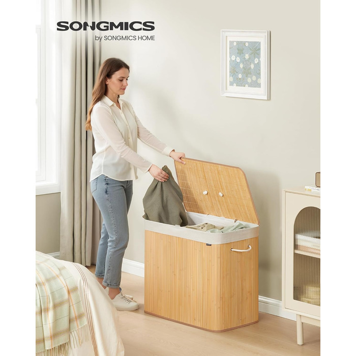 SONGMICS Кошик для білизни з кришкою, 2 відділення, бамбук, складний, знімний мішок для прання, з ручками, 170 л, для ванної кімнати, спальні, LCB014Y01