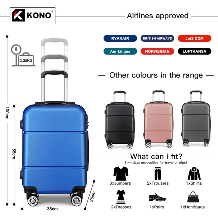 Валіза ручної поклажі KONO з колесами, жорсткий корпус, трілячка 55x38x22 см, 33 літри, ABS, блакитний