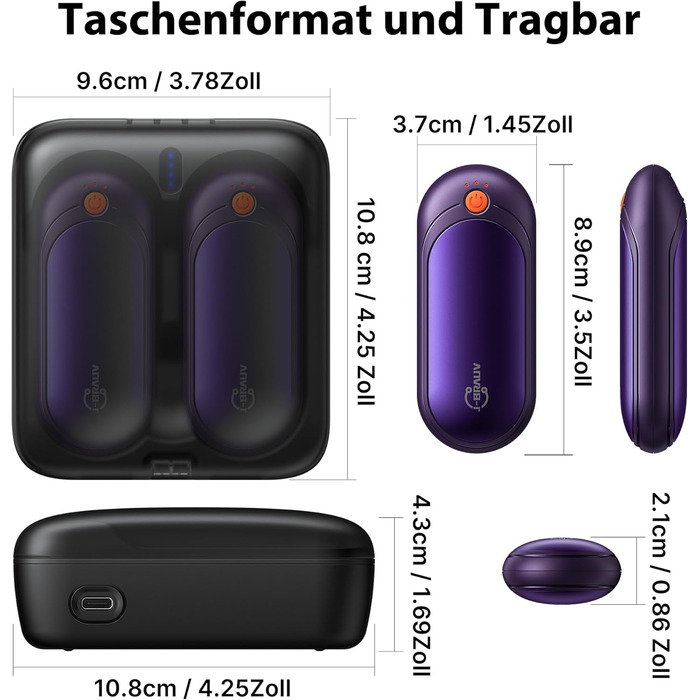 Електричні грілки для рук J-BRAUV 2 шт. з зарядним пристроєм 10000mAh, 4000mAh, 3 режими нагріву, USB, фіолетовий, компактні