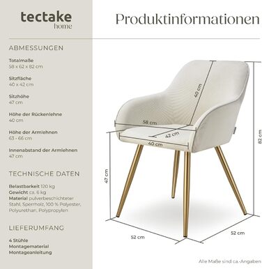Тектейк® 4 шт. Крісла для їдальні/вітальні з підлокітниками, м'які, Cord, Loungesessel, для кухні, офісу - Кремовий/Золотий набір 4 шт.