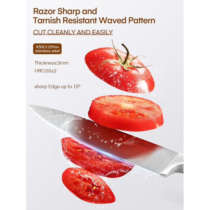 Набір ножів D.Perlla 7 предметів з точилкою, професійний кухонний набір з нержавіючої сталі з пластиковою ручкою та дерев'яним блоком, білий