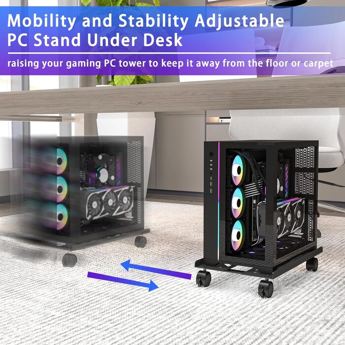 Стійка для ПК з металу, підставка для комп'ютера, регульована підставка для CPU, універсальна мобільна стійка з колесами для під столом