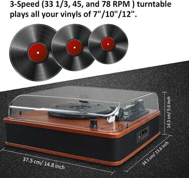 Програвач вінілу VOSTERIO з Bluetooth, Hi-Fi стереодинаміками, ретро дизайн, 3 швидкості, FM-радіо, USB, TF, Aux-In, RCA, LED-дисплей, функція перетворення вініл-у-MP3