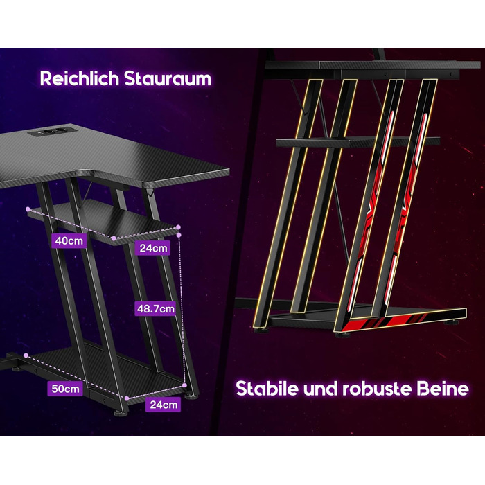 Ігровий стіл ODK L-подібна LED та розетки, кутовий стіл з підставкою для монітора, вуглецеве волокно чорний 100 см