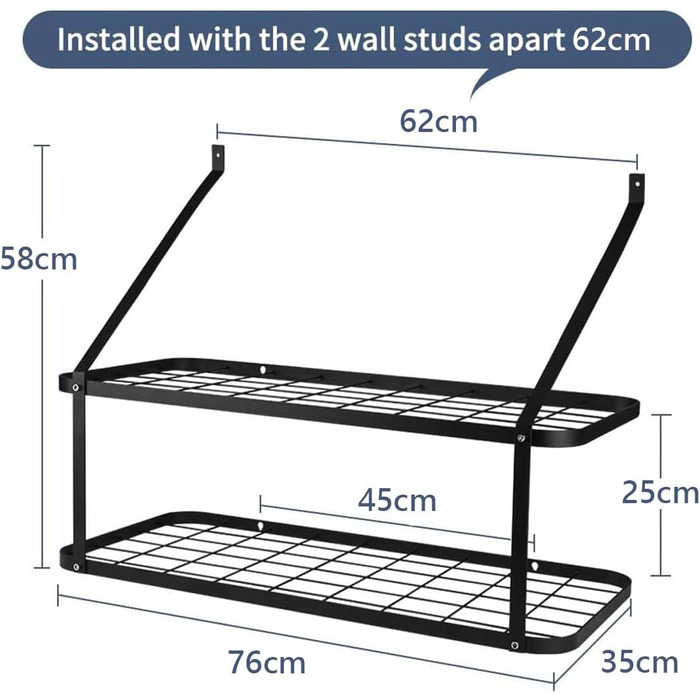 Х ярусна настінна полиця для сковорідок, 10 гачків, матовий чорний для зберігання та організації, 2-