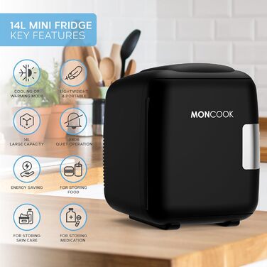MINI-холодильник MONCOOK для спальні - 14L, білий, з функцією охолодження та підігріву. Компактний, портативний, тихий. Ідеально для дому, офісу, авто, подорожей.
