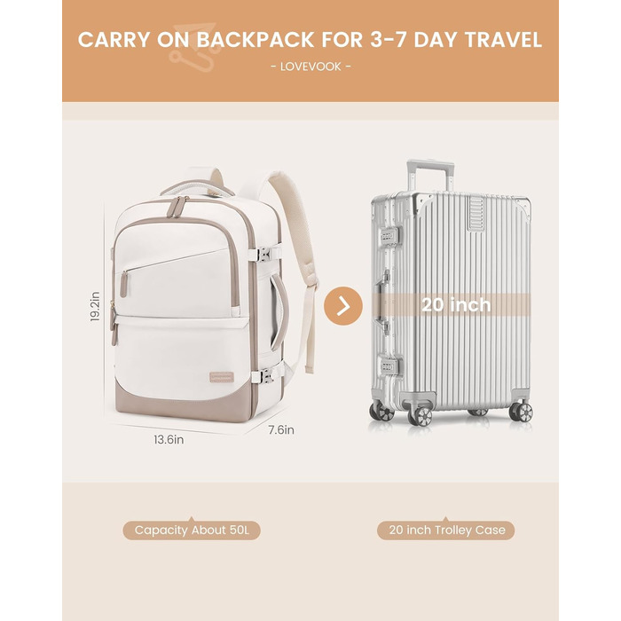 Рюкзак для ручної поклажі LOVEVOOK 40L, рюкзак для подорожей для жінок, з відділенням для мокрого та сухого, 45x36x20 см, для ноутбука, ручної поклажі, 18 дюймів (Бежевий хакі)