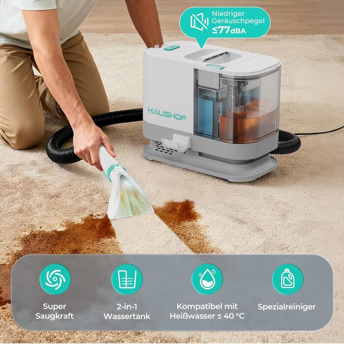 Портативний мийний пилосос для килимів та м'яких меблів HAUSHOF, 13 kPa, 2-в-1, тихий (≤77 dB)