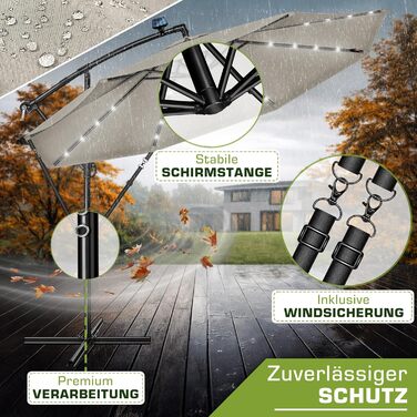 Садова парасолька Tillvex Alu Ampelschirm з LED-освітленням на сонячній батареї, 350 см, колір тауп — Алюмінієвий зонт від сонця з рукояткою, захистом від UV та вітру, включаючи чохол та стійку