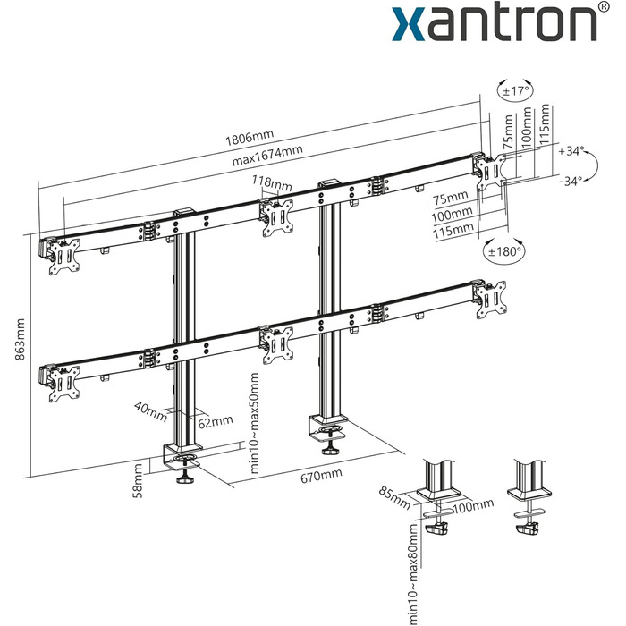 Кріплення для монітора Xantron® ECO-E62: підходить для моніторів 17-32 дюймів, VESA 75x75 & 100x100, для плоских та вигнутих моніторів, комплект з монтажним матеріалом (6 моніторів)