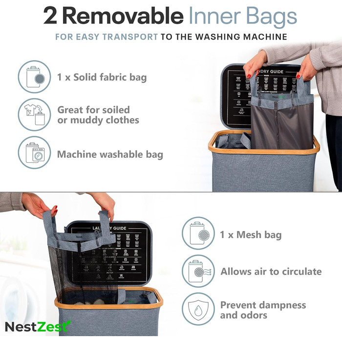 Кошик для білизни Nest Zest 100L з кришкою, 2 відділення для сортування, з інструкцією по догляду та 2 знімними внутрішніми кишенями, з бамбуковим обідком, Оксфордська тканина (Сірий)