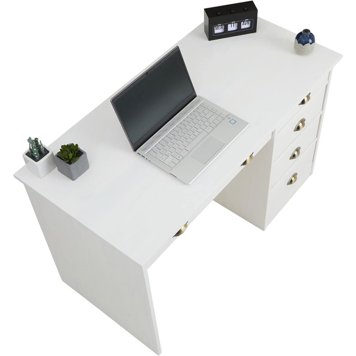 Письмовий стіл IDIMEX Lana з масиву сосни в білому кольорі, красивий комп'ютерний стіл з 5 висувними ящиками, практичний офісний стіл з ручками-черепашками