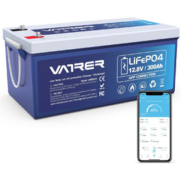 Літієва батарея VATRER POWER 12V 100AH LiFePO4 з Bluetooth, 100A BMS, 5000 циклів, 1280 Вт, захист від низької температури