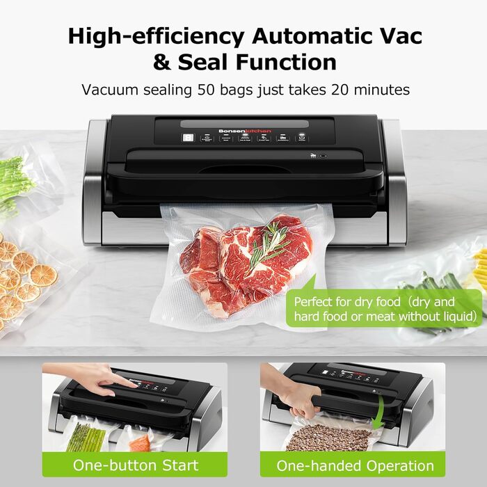 Вакууматор Bonsenkitchen для продуктів, потужний вакуумний пакувальник 15л/хв, з інтегрованим різаком та ручкою-фіксатором, чорний (комплект з 100 пакетами)