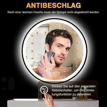 Дзеркало кругле PESENXAN 70см з чорною рамою та підсвічуванням. Антизапарник, диммер, 3 кольори світла, LED, енергозбереження, сенсорна кнопка, функція пам'яті. 60x60 см