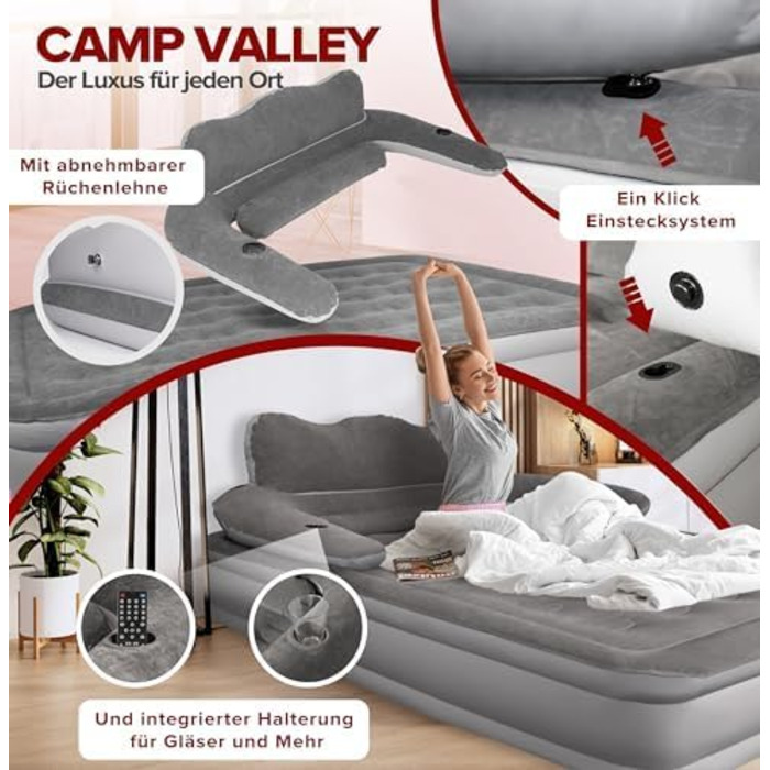Надувне ліжко для гостей 200x150х40 см з підголовником, самонадувне, з вбудованим насосом, для кемпінгу