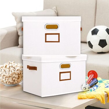 Ящик для зберігання OUTBROS з кришкою і ручкою, складаний ящик для зберігання з тканини кошика для зберігання з кишенею для етикеток, органайзер для іграшок, одягу, книг, 32 х 23 х 20 см 3 шт. (білий, великий (3 упаковки))