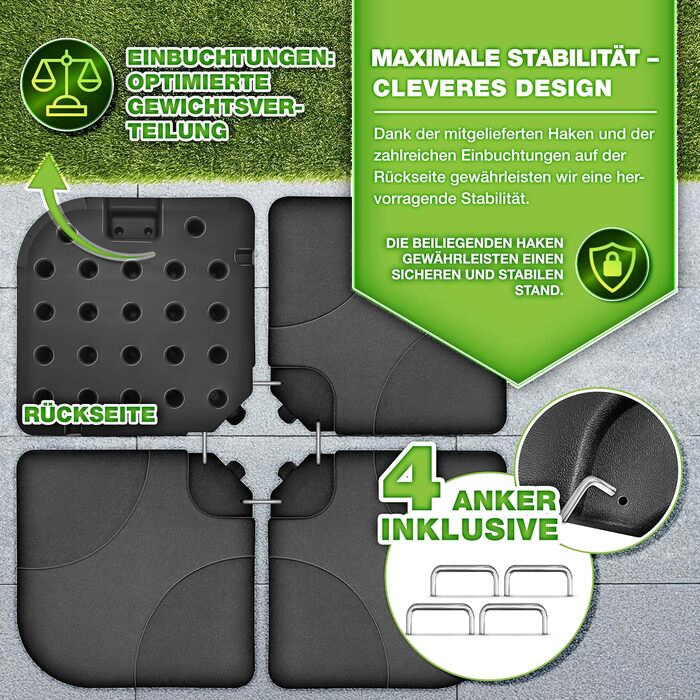 Підставка для парасольки Tillvex® 90 літрів / 120 кг – 4 частини для парасольки-намету з металевим з'єднувачем | Заповнюється водою або піском | Чорна, стійка до погодних умов