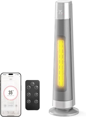 Електричний обігрівач з термостатом та ECO-режимом, 1500W, PTC керамічний, 4 режими, цифровий дисплей, таймер 12 годин, 35dB, срібний (74cm)