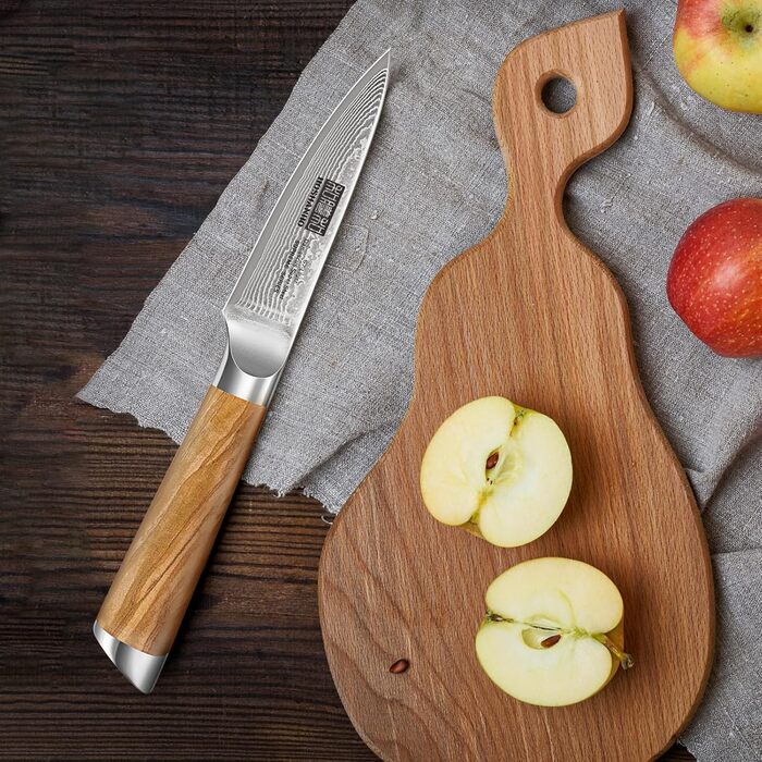 Японський ніж HOSHANHO з дамаської сталі 20 см, 67 шарів, кухонний ніж для приготування їжі, гострий, з ергономічною ручкою оливкового кольору (9.5 см), ніж для очищення