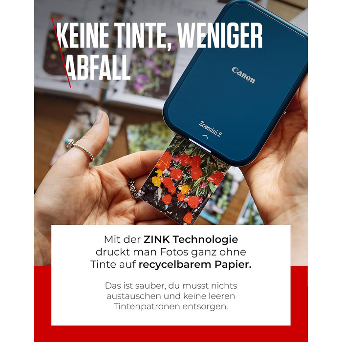 Canon Zoemini 2 Marineblau: Міні-принтер для фотографій, мобільний, компактний, з вбудованим акумулятором. Друкує фото 5x7,6 см зі смартфону/планшету. У комплекті: 20 шт. Zink паперу та 10 шт. круглих наліпок.