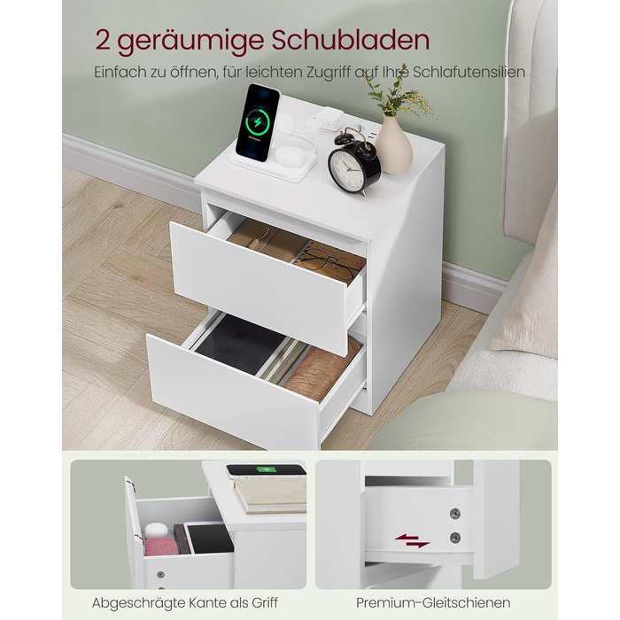Приліжкова тумбочка VASAGLE Kailyn з розетками, 2 шухляди, 2 AC-розетки, 2 USB-A порти, для спальні, білий колір LET621W02