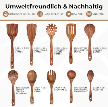 Набір дерев'яних ложок для приготування їжі (10 шт.) з теку - кухонне приладдя, лопатки, ложки для готування, антипригарне покриття, стійкість до нагріву