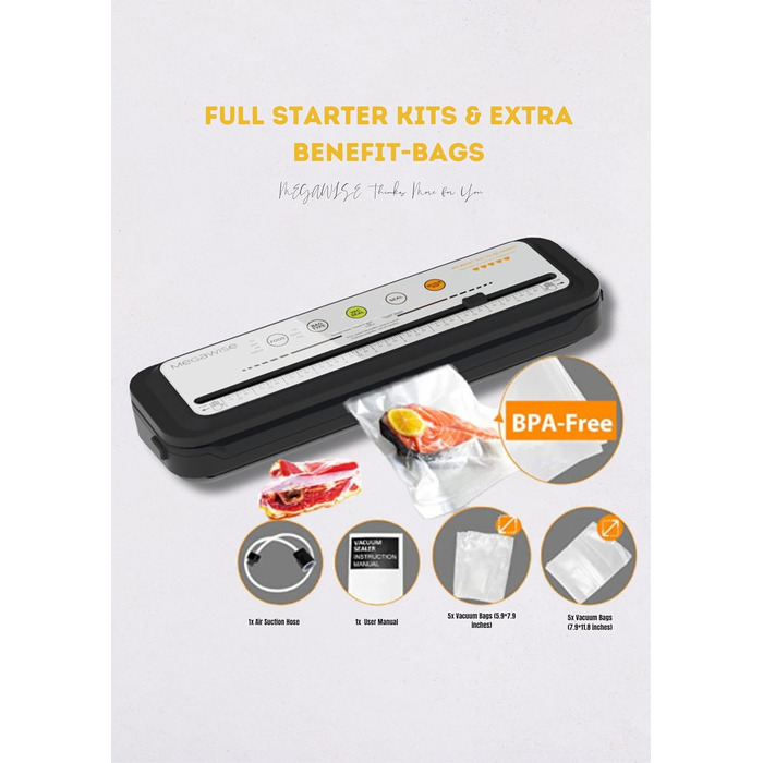 Вакууматор MegaWise — потужний компактний вакуумний пакувальник для продуктів з автоматичним режимом One-Touch, сріблястий