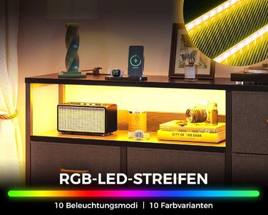 Комод Coleshome з висувними ящиками, світлодіодною підсвіткою, 2 USB та 2 розетки AC, 7 тканинних ящики, для спальні/вітальні, 132*30*89 см, чорний