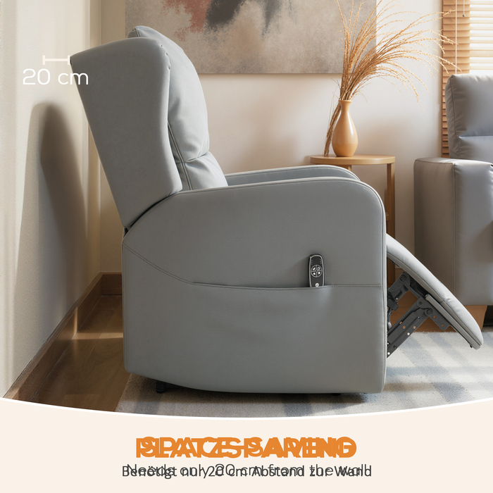 Крісло-масажер з регульованою спинкою, штучна шкіра, електричне регулювання, підставка для ніг, бічна кишеня, сталевий каркас, сірого кольору