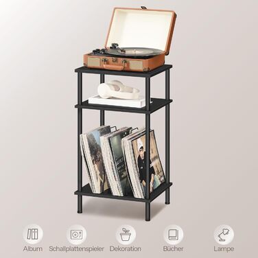 HOOBRO Підставка для програвача, 3-рівнева, приставний столик, органайзер для платівок, CD та альбомів, вінтажний коричневий та чорний (Чорний)