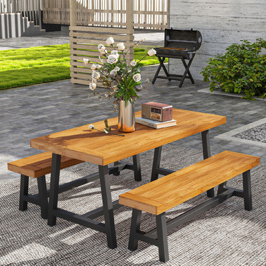 Outsunny Seating Group Дерев'яний обідній набір з 3 предметів на 4 особи в планці Обідній стіл з 2 лавками Обідній гарнітур з дерев'яним столом Набір кухонних столів Балконні меблі Садові меблі для тераси, балкон Тик