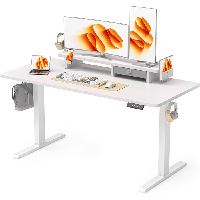 Регульований стіл WALKINGDESK для дому та офісу: електричний, з висувними ящиками, підставкою для монітора та тримачем для телефону (140 x 60 см, білий)