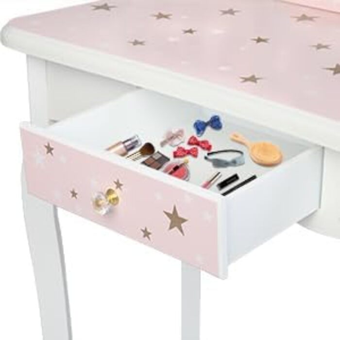 Дитячий туалетний столик LEADZM з пуфом для дівчаток, з двома дзеркалами 180°, комод з шухлядою, для дітей 3-9 років (білий & рожевий)