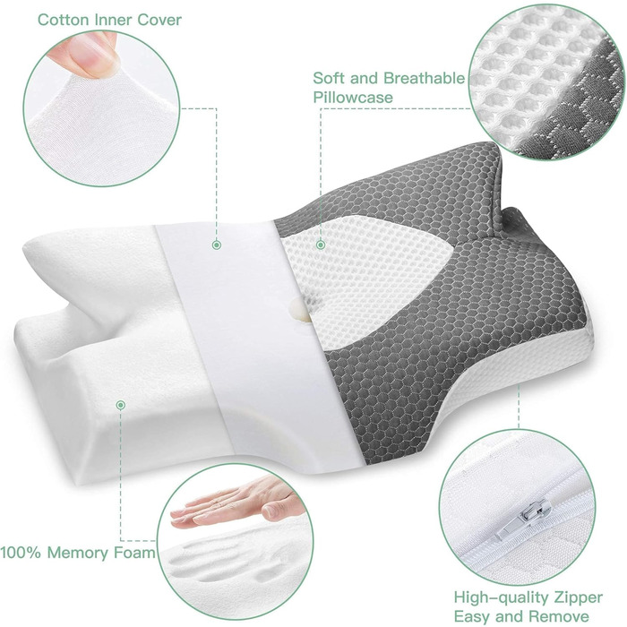 Ортопедична подушка Elviros з Memory Foam для тих, хто спить на боці, з підтримкою шиї, проти болю в шиї та плечах, 64 x 12,5/10,5 x 38 см, темно-сірий