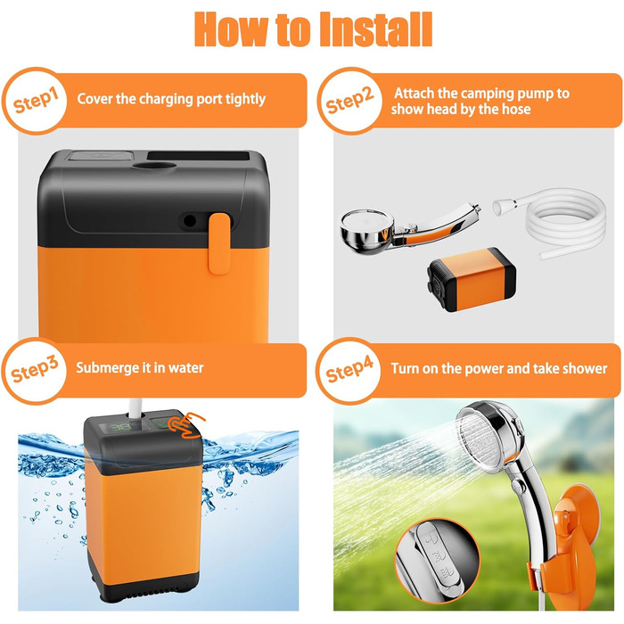 Портативна душова кабіна для кемпінгу з акумулятором 7600mAh, з насосом, дисплеєм та 2-метровим шлангом. Мобільний душ для подорожей, саду та миття авто.
