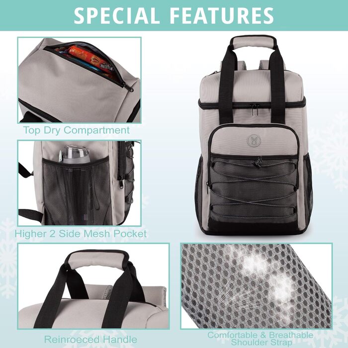 Рюкзак-холодильник з м'яким ручним захопленням, легкий та ізольований, водовідштовхуючий, велика місткість – ідеальний для жінок та чоловіків для пляжу, кемпінгу, пікніка, риболовлі та піших прогулянок (Сірий)