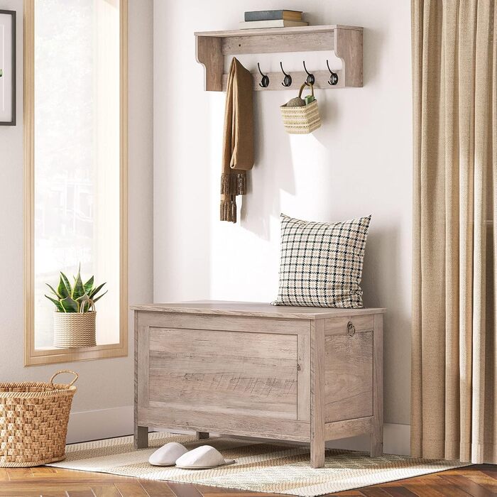 HOOBRO Лавка з ящиком для зберігання, іграшкова скриня з кришкою, тумба для взуття, лавка для сидіння, скриня для зберігання, міцна, безпечні петлі, спальня, вітальня, 76 см, білий EWT75CW01G1, білий (76 x 40 x 48 см, Greige)