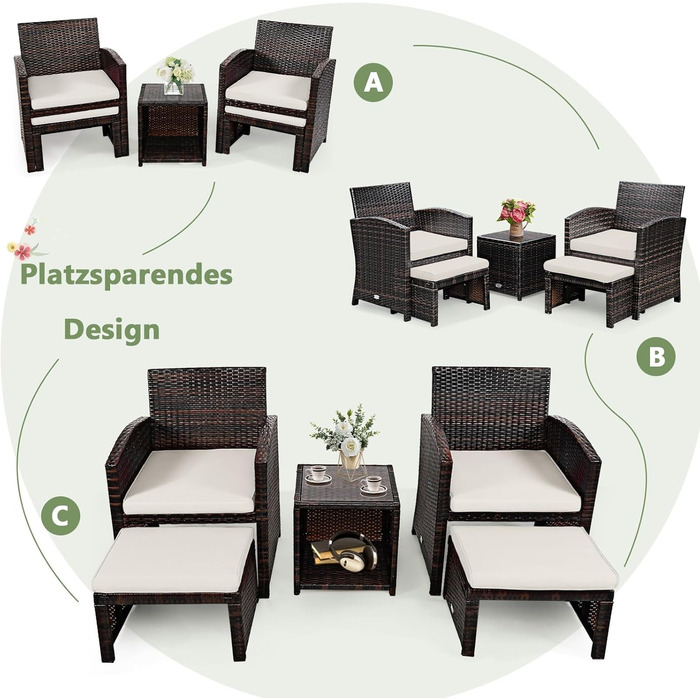 Садовий набір меблів GIANTEX 5 предметів ротанг: 2 крісла, 2 пуфи, столик - для балкона та саду з білими подушками