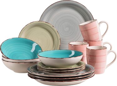 Вінтажний набір посуду з 16 предметів для 4 осіб, керамічний сервіз з ручним розписом, Різнокольоровий, фаянсовий (димчасто-блакитний/бірюзовий/зелений/рожевий), 931498 Bel Tempo II