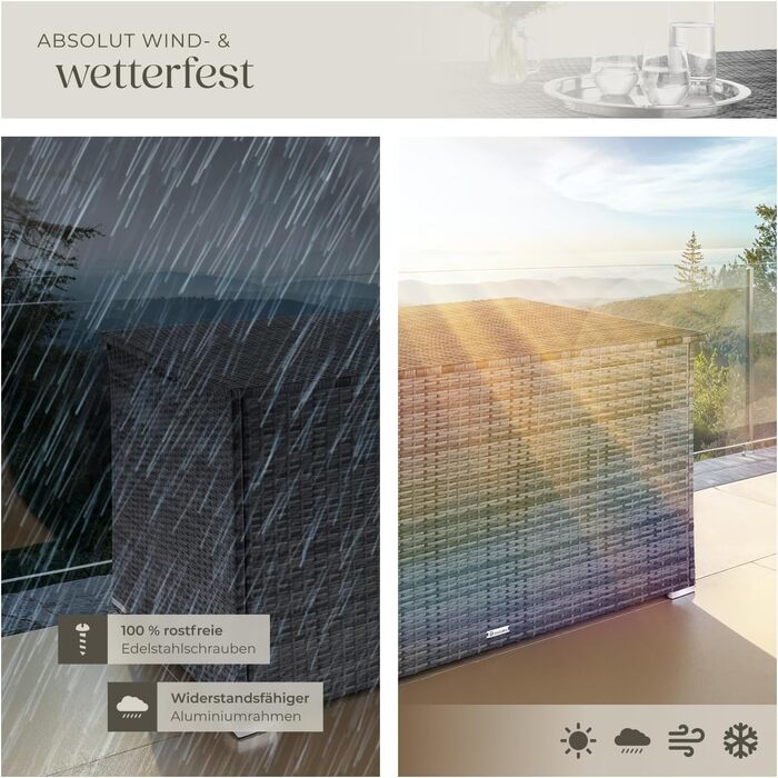 Скриня для зберігання садових речей Tectake з поліротангу, 750 л, чорна - водонепроникна, з газовими амортизаторами, 145x82.5x79.5 см