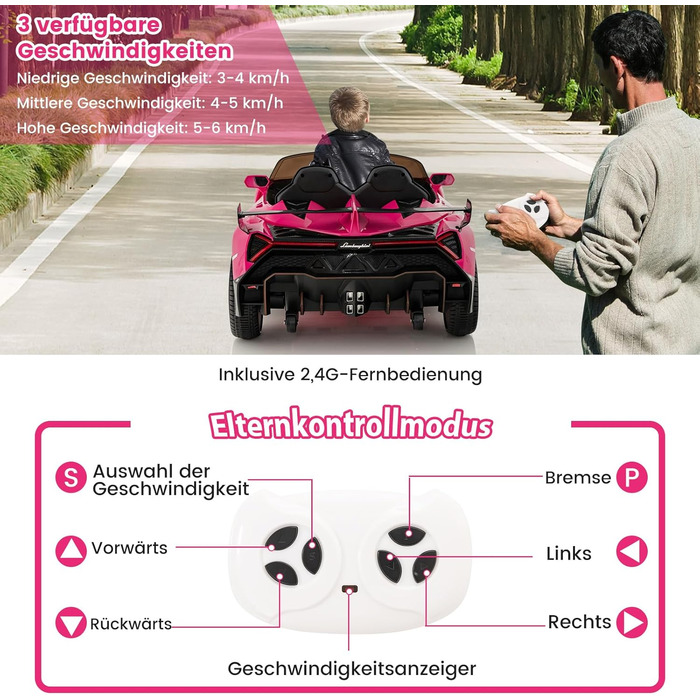 Електромобіль для дітей COSTWAY Lamborghini, рожевий, з пультом ДУ, LED-фарами, клаксоном і музикою, швидкість 3-6 км/год, дитяча машина від 3 років