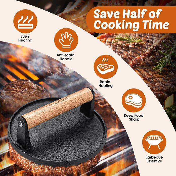 Пресс для бургерів Freelander з чавуну, набір для приготування смашених бургерів (діаметр 17.6 см, прямокутний 20.5 см), прес для гриля з термостійкою ручкою, великий прес для гамбургерів, стейків, сендвічів (чорний, круглий)