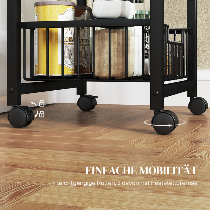 Візок кухонний HOMCOM 4-ярусний на колесах, мобільний сервірувальний візок, кухонний тележка з 4 сталевими кошиками