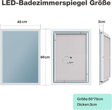 Дзеркало для ванної кімнати з підсвічуванням 45x60 см, антизапар, LED, холодний/теплий білий, захисне скло, сенсорний вимикач