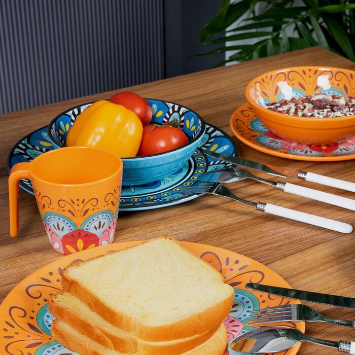 Набір посуду з меламіну Тоскана Пастель на 4 особи - BUNT - дизайн Мандала, 16 частин. Підходить для миття в посудомийній машині, кемпінгу, подорожей, пікніків та вечірок.