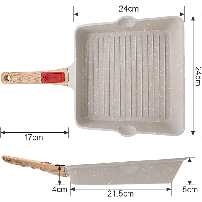 Сковорода-гриль AIKENBBKK 24x24 см з знімним ручками, антипригарне покриття, для стейків, сумісна з духовкою, миється в посудомийній машині (біла)